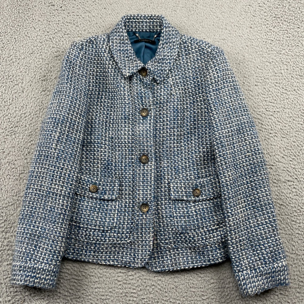 Talbots Jacket Womens M Blue Tweed Wool‎ Blend Button Front Collared Blazer